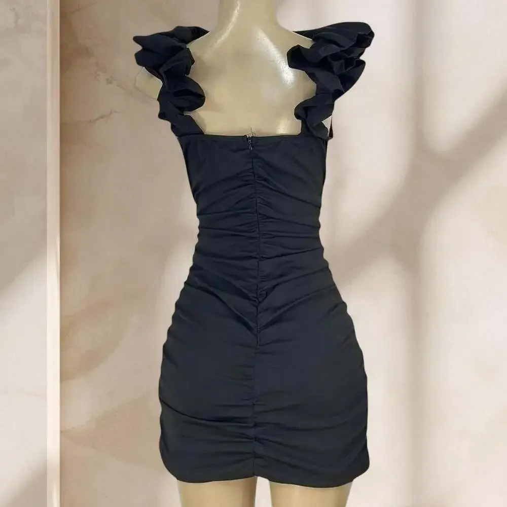 Black Ruched Mini Dress – Ruffle Strap Bodycon Corset Style Sexy Elegant ✧ L - Picture 4 of 4